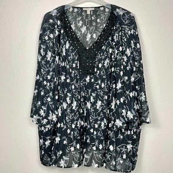 Woman Within Plus Size Tunic 3X Embellished VNeck Black White Floral Bell Sleeve - Picture 1 of 12